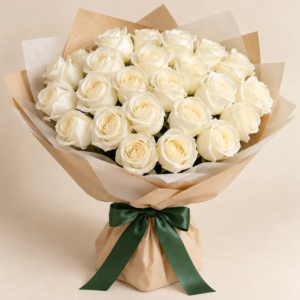 Buquê delicado com 24 rosas brancas