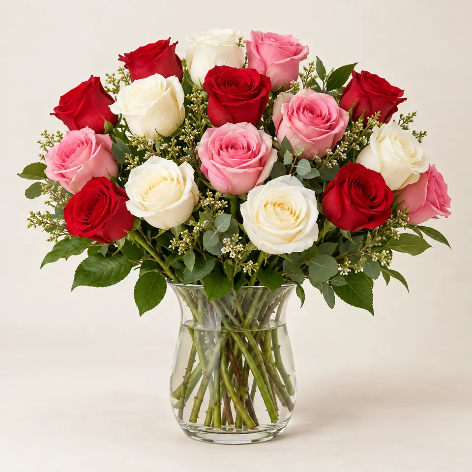 Arranjo de 18 Rosas variadas em Vaso de Vidro
