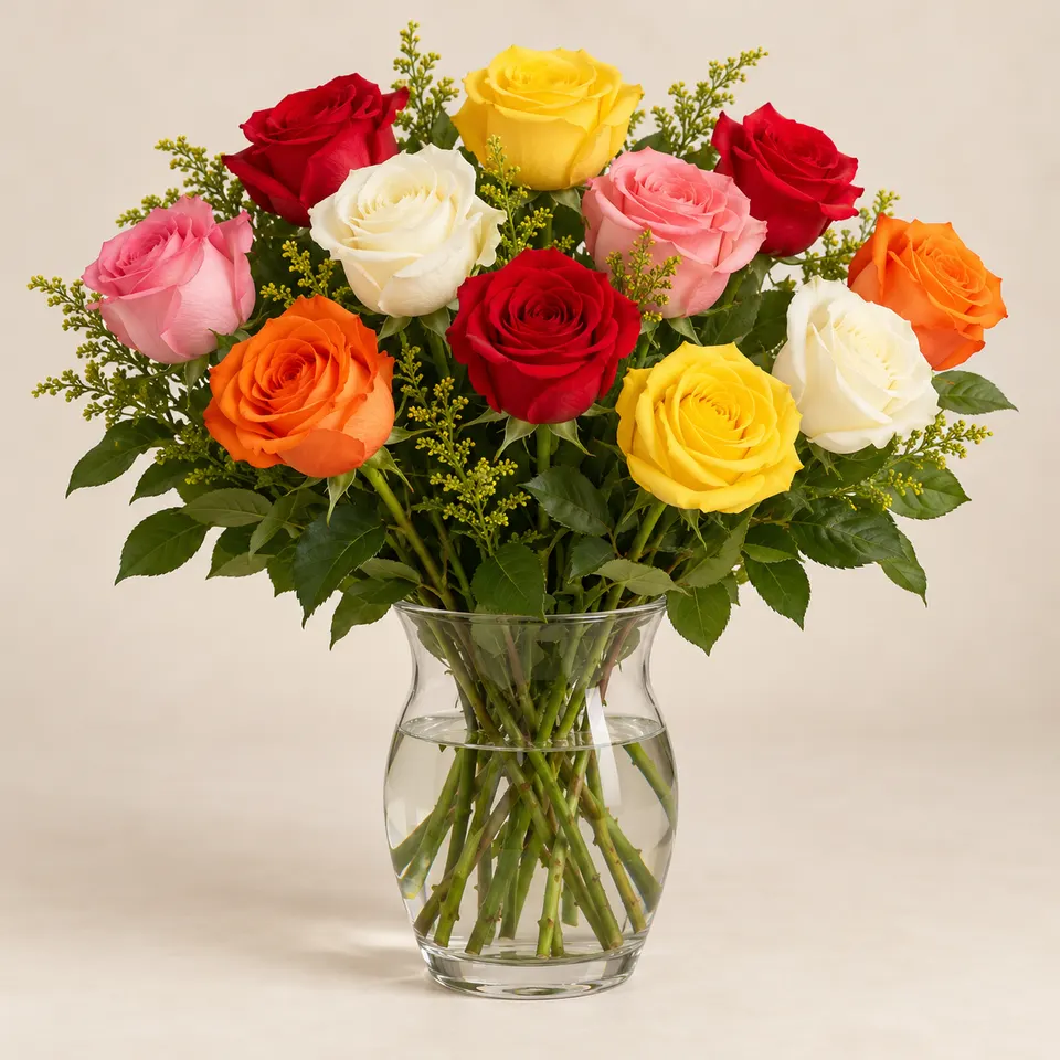Arranjo de rosas coloridas em Vaso de Vidro