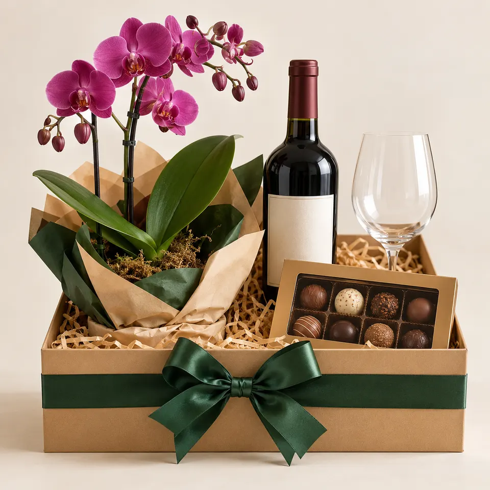 Caixa Presente com Orquídea, Vinho e Chocolates Collection, Elegance