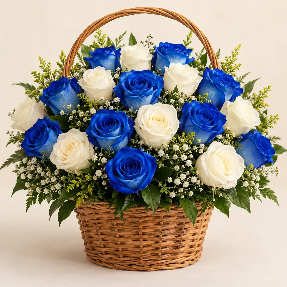 Cesta média de Rosas Azuis e Brancas
