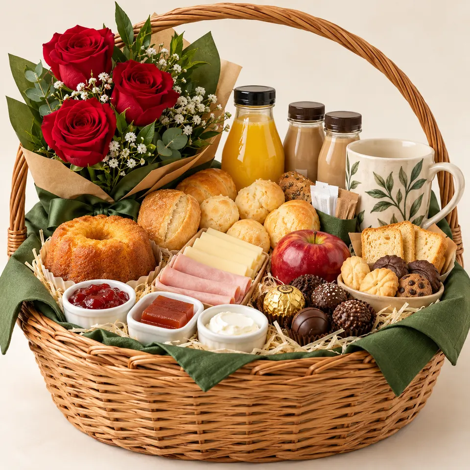 Cesta Café da Manhã com Trio de Rosas e Caneca