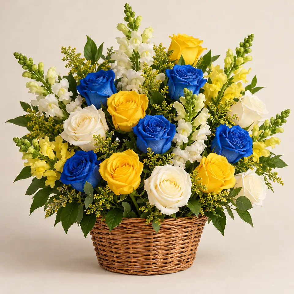 Cesta Média de flores Brancas, Azuis e Amarelas