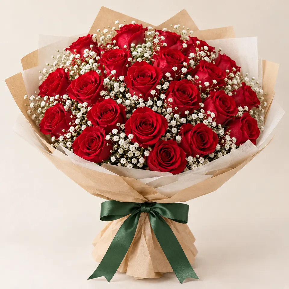 Buquê delicado com 24 Rosas Vermelhas e Gypsophila