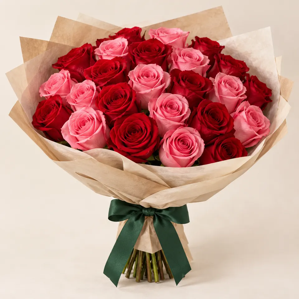 Buquê delicado com 24 Rosas Vermelhas e Rosadas