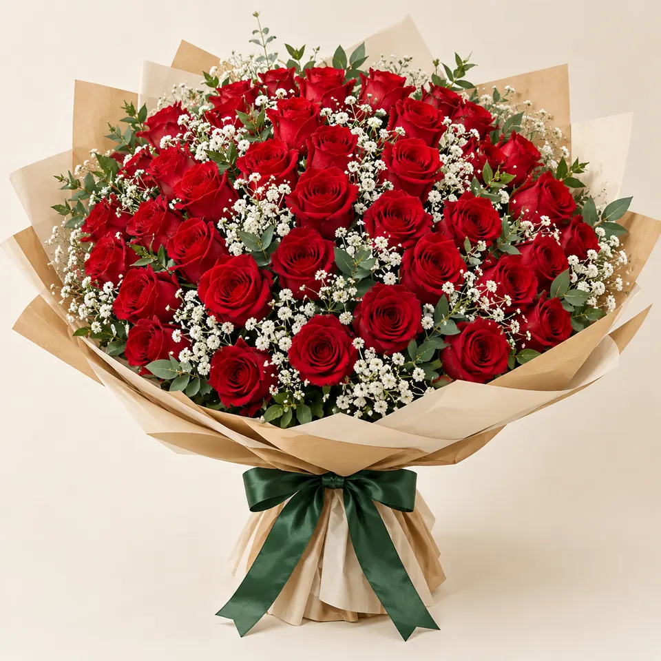 Mega Buquê Luxuoso com 50 Rosas e Gipsófilas