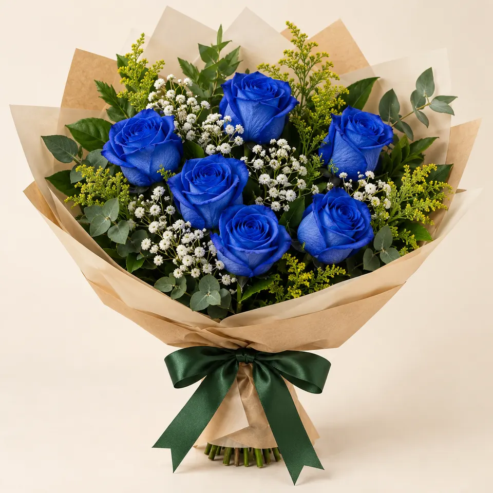 Buquê tradicional de 6 rosas azuis