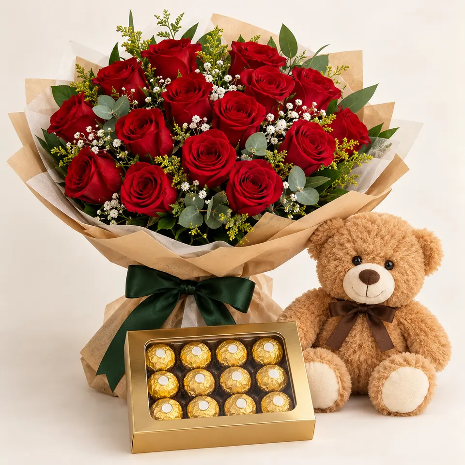 Kit Romântico com Ursinho, Rosas e Bombons
