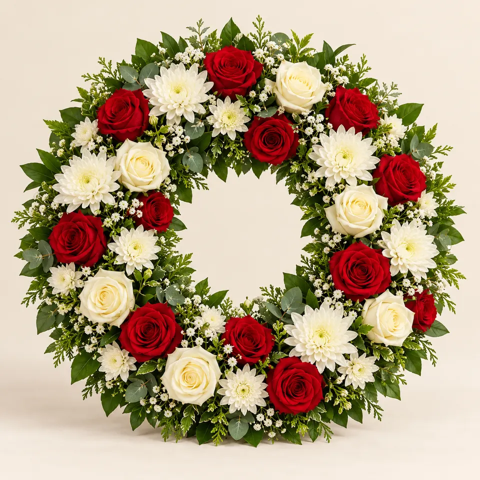 Coroa de Flores Luxo de Rosas Vermelhas e Brancas