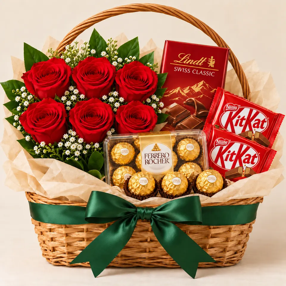 Cesta Chocólatra com Rosas Vermelhas