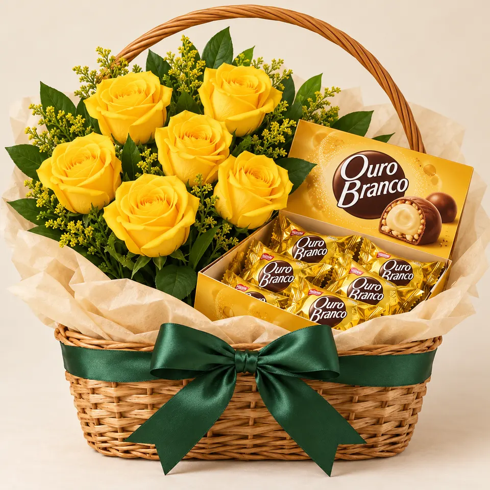 Cesta de Rosas Amarelas e Ouro Branco