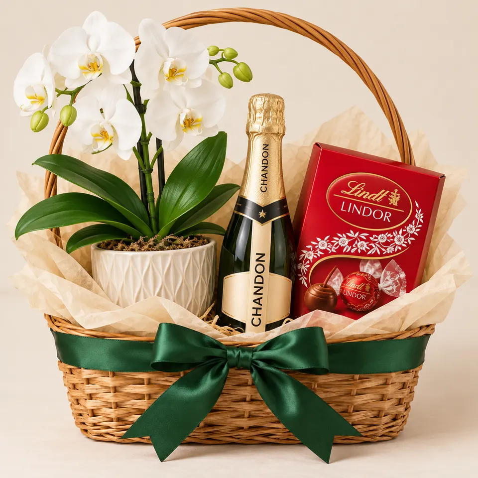 Cesta Charme com Orquídea, Espumante e Lindt