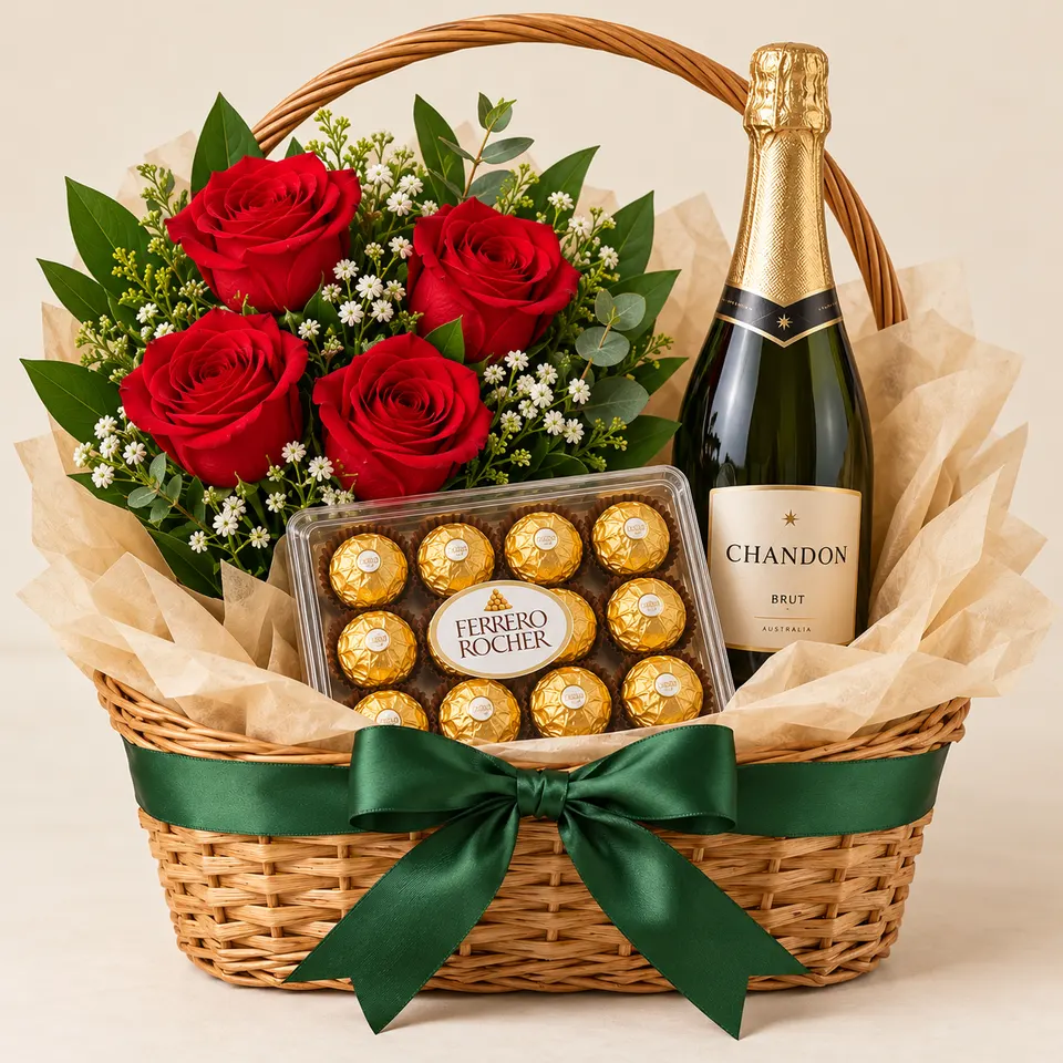 Cesta Brinde com Espumante, Ferrero e Rosas